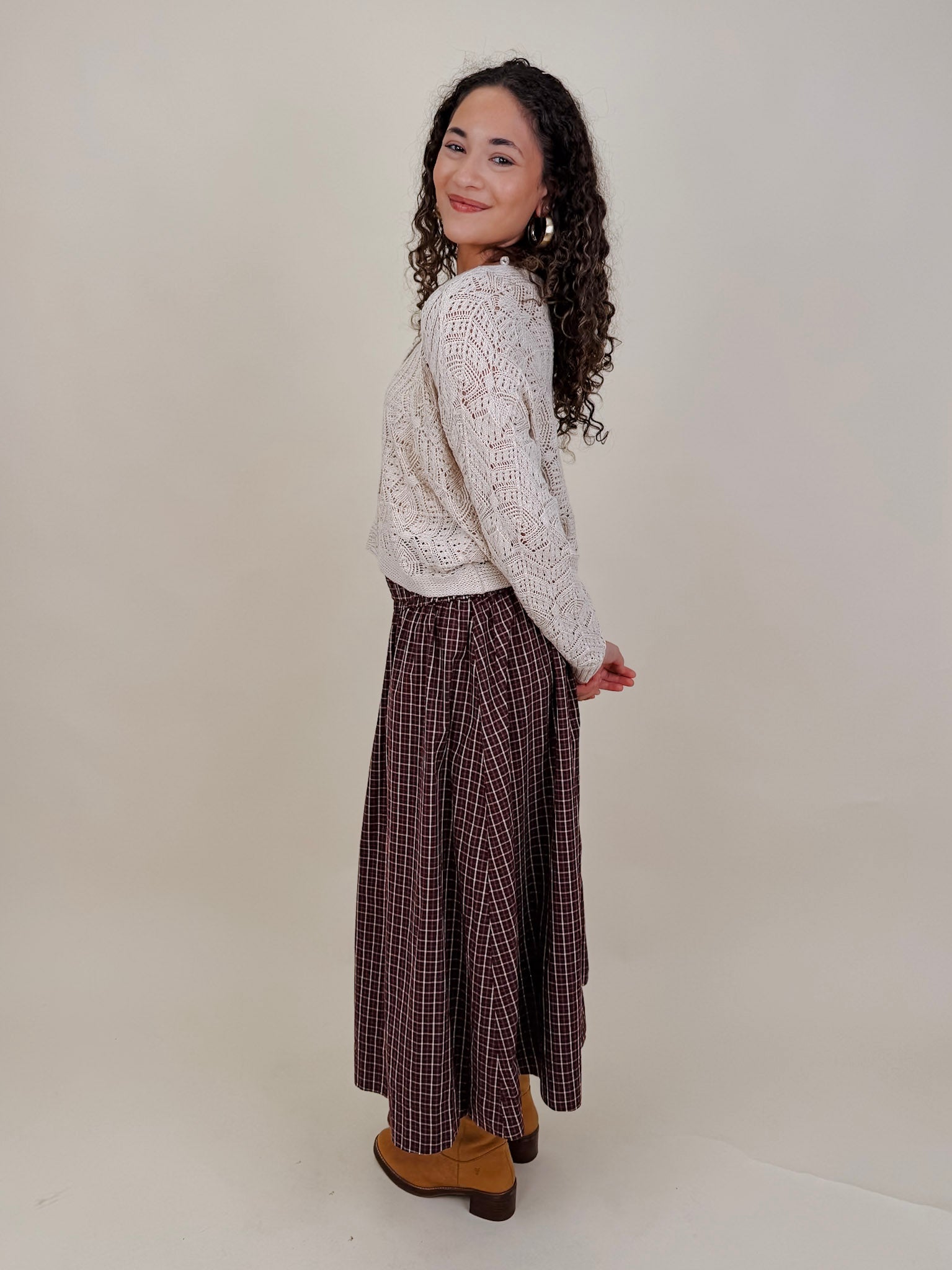 Heatherwood Midi Skirt in burgundy windowpane plaid with smocked waist