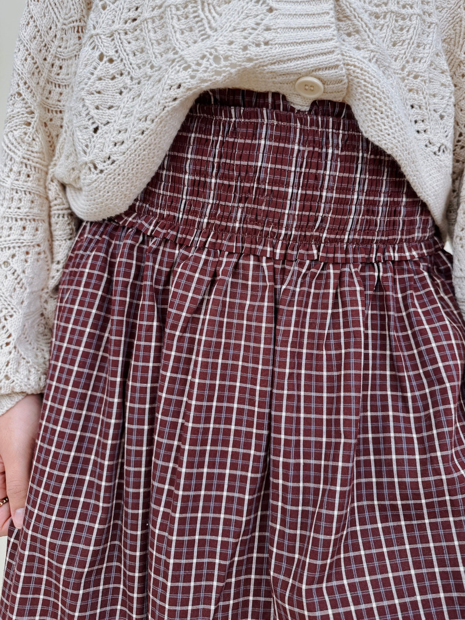 Heatherwood Midi Skirt in burgundy windowpane plaid with smocked waist