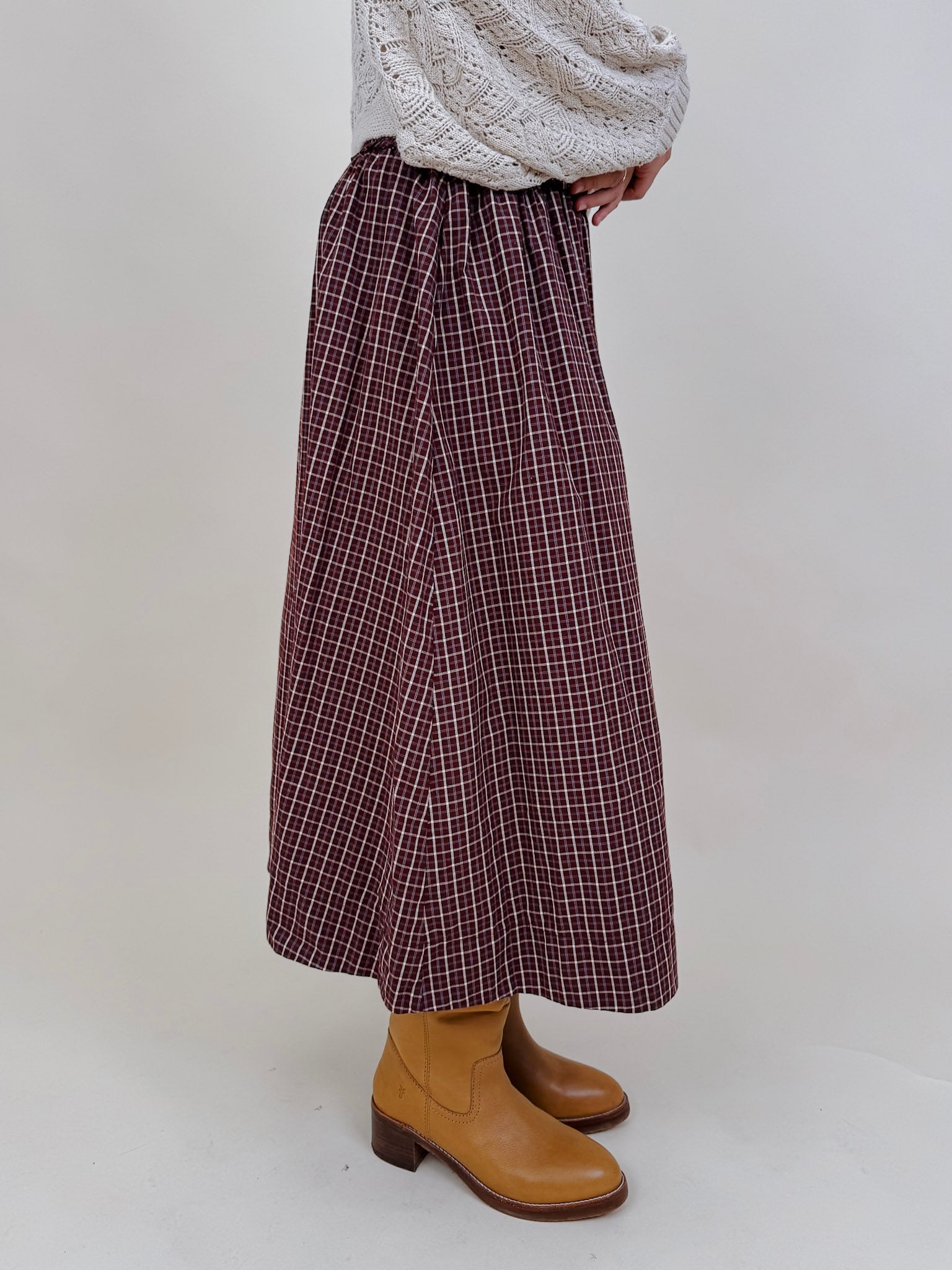 Heatherwood Midi Skirt in burgundy windowpane plaid with smocked waist