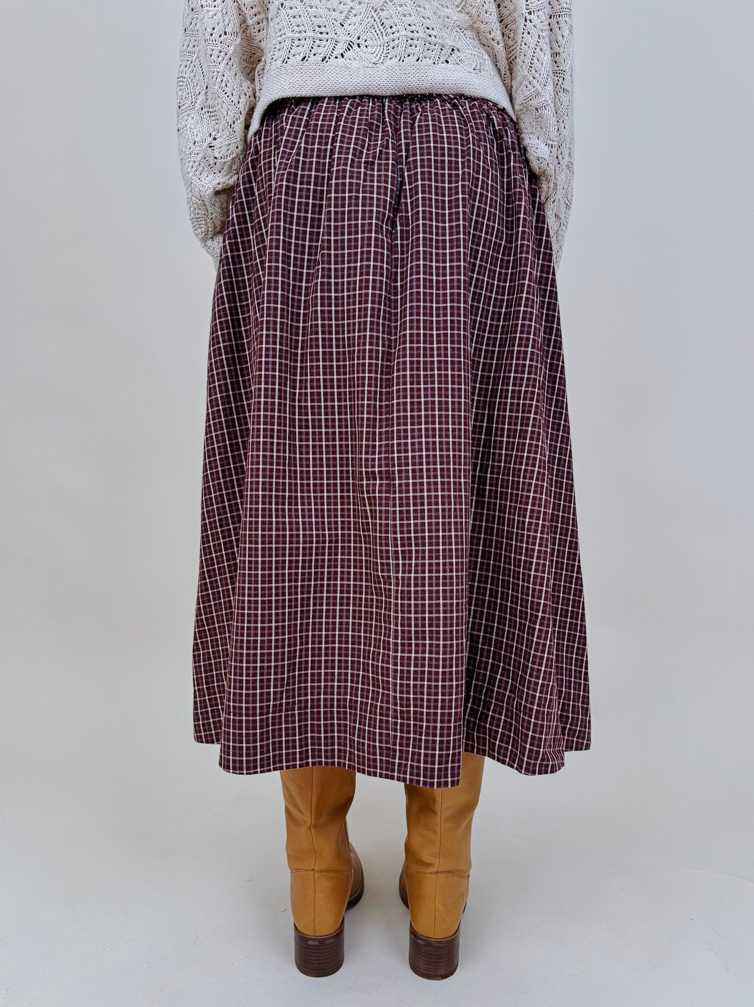 Heatherwood Midi Skirt in burgundy windowpane plaid with smocked waist