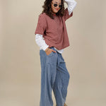 Annie Denim Casual Pants in light wash denim with smocked waist and barrel leg — Paper Doll