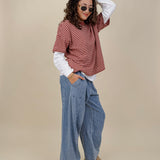 Annie Denim Casual Pants in light wash denim with smocked waist and barrel leg — Paper Doll