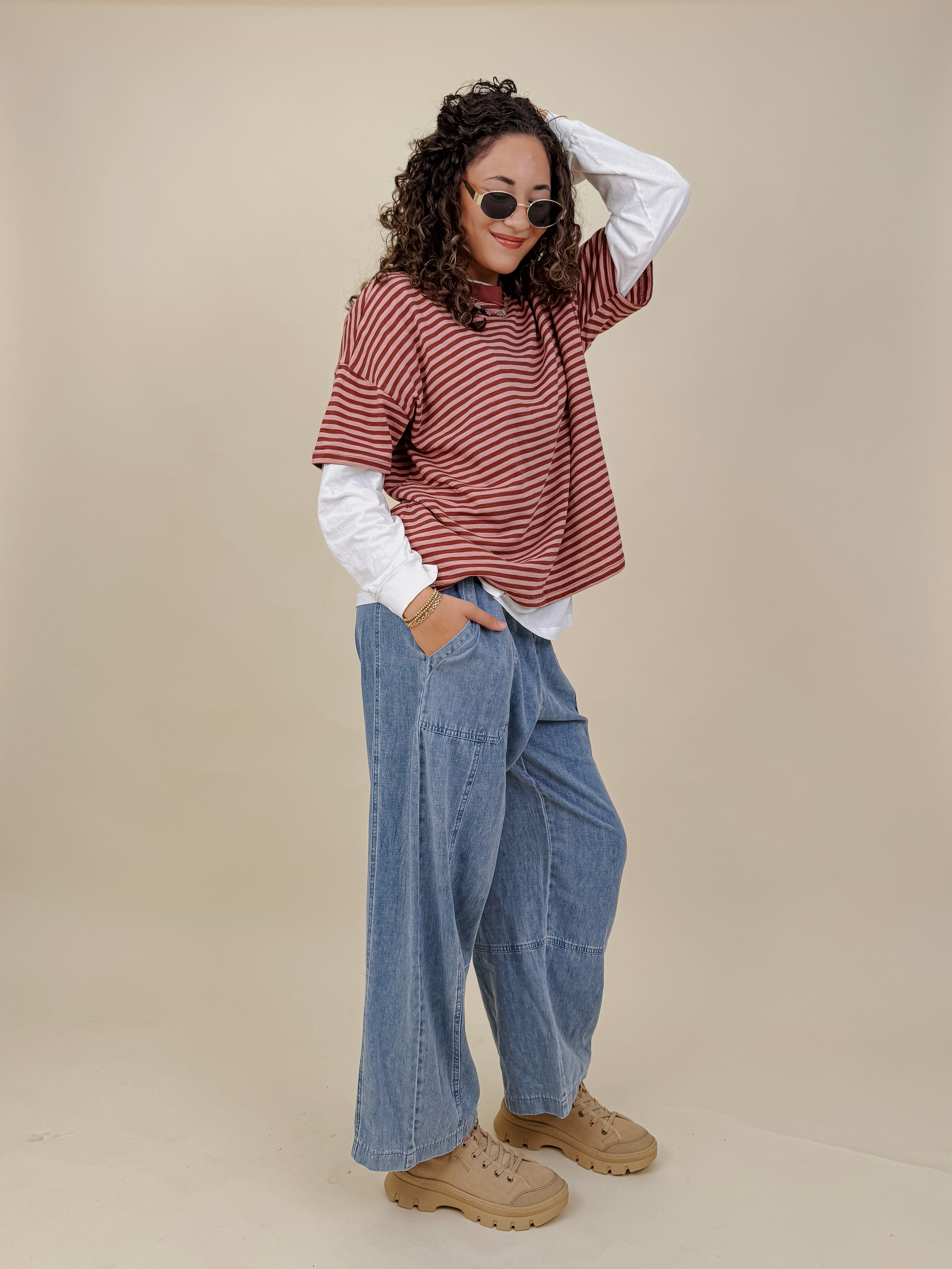 Annie Denim Casual Pants in light wash denim with smocked waist and barrel leg — Paper Doll