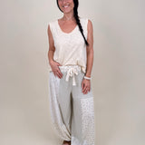 Maxie Pant in sage and cream patchwork with crochet lace tie waist — Paper Doll