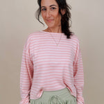 Kingston Striped Sweater in blush pink and ivory stripes with a relaxed drop shoulder, boxy body, and long sleeves in a lightweight knit.