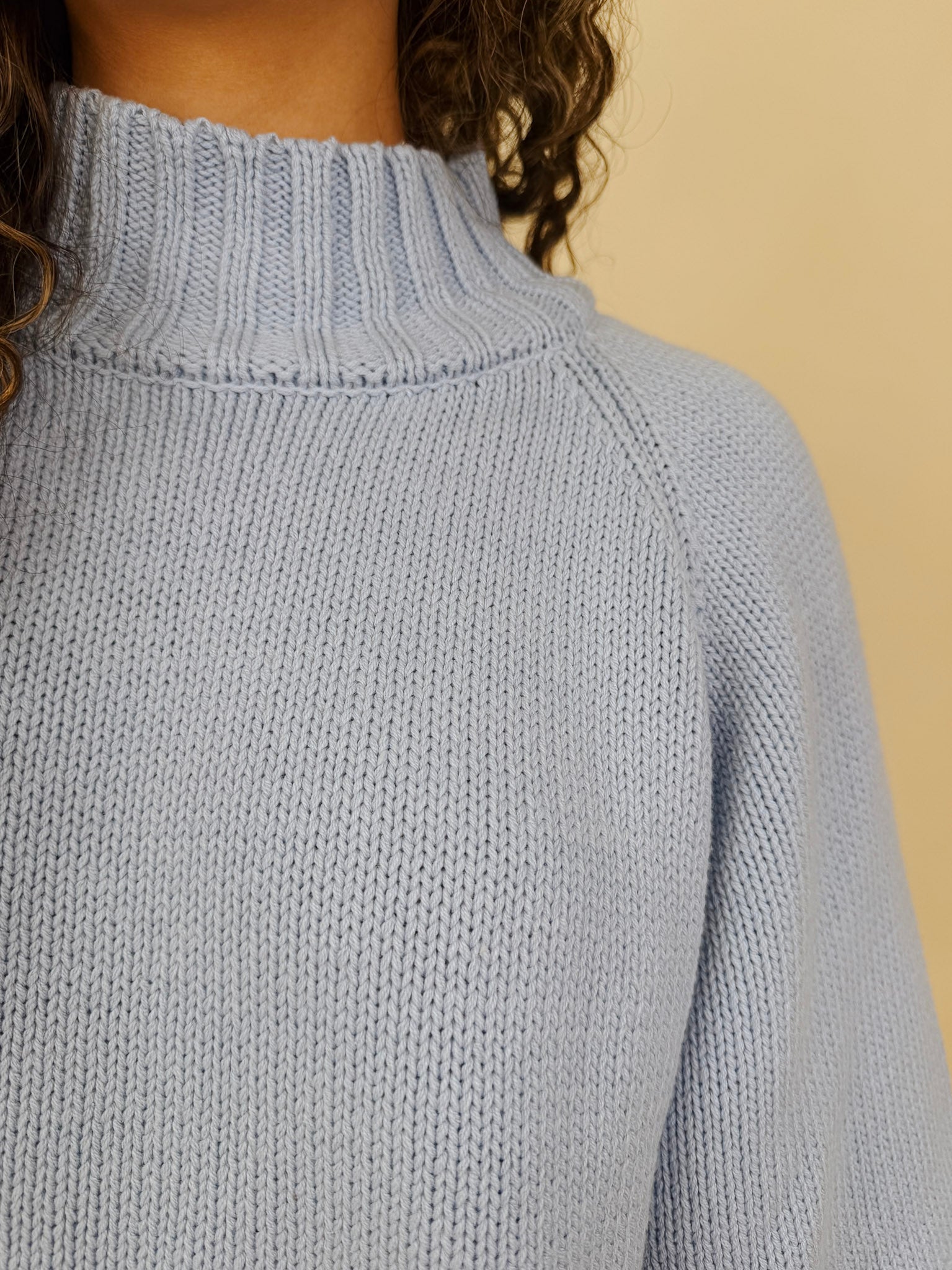 Long Island Sweater in powder blue with a folded ribbed mock neck, wide bell sleeves, and a relaxed boxy cotton knit body
