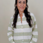 Melanie Striped Cardigan in sage green and cream stripes with a white button front, ribbed cuffs, and a slightly cropped brushed knit body