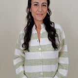 Melanie Striped Cardigan in sage green and cream stripes with a white button front, ribbed cuffs, and a slightly cropped brushed knit body