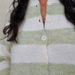 Melanie Striped Cardigan in sage green and cream stripes with a white button front, ribbed cuffs, and a slightly cropped brushed knit body