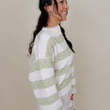 Melanie Striped Cardigan in sage green and cream stripes with a white button front, ribbed cuffs, and a slightly cropped brushed knit body