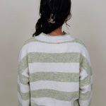 Melanie Striped Cardigan in sage green and cream stripes with a white button front, ribbed cuffs, and a slightly cropped brushed knit body