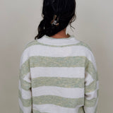 Melanie Striped Cardigan in sage green and cream stripes with a white button front, ribbed cuffs, and a slightly cropped brushed knit body