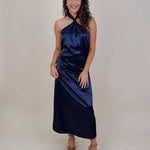Michelle Midi Dress in navy satin with twisted halter neckline