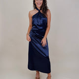 Michelle Midi Dress in navy satin with twisted halter neckline