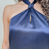Michelle Midi Dress in navy satin with twisted halter neckline