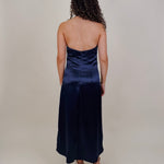 Michelle Midi Dress in navy satin with twisted halter neckline