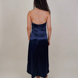 Michelle Midi Dress in navy satin with twisted halter neckline