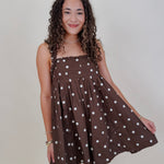 Millie Polka Dot Mini Dress in brown and ivory polka dot cotton with ruffled straps