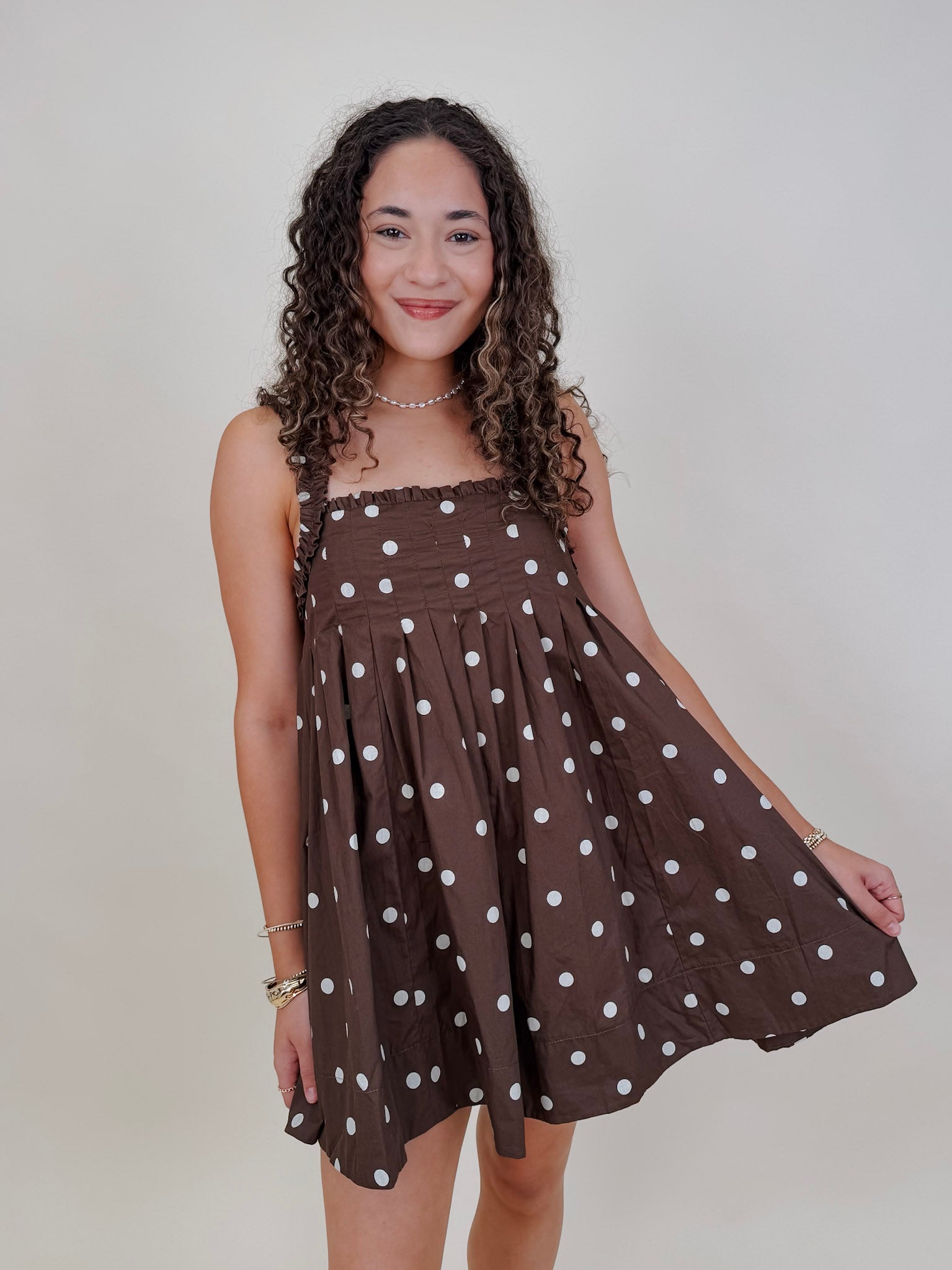 Millie Polka Dot Mini Dress in brown and ivory polka dot cotton with ruffled straps