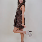 Millie Polka Dot Mini Dress in brown and ivory polka dot cotton with ruffled straps