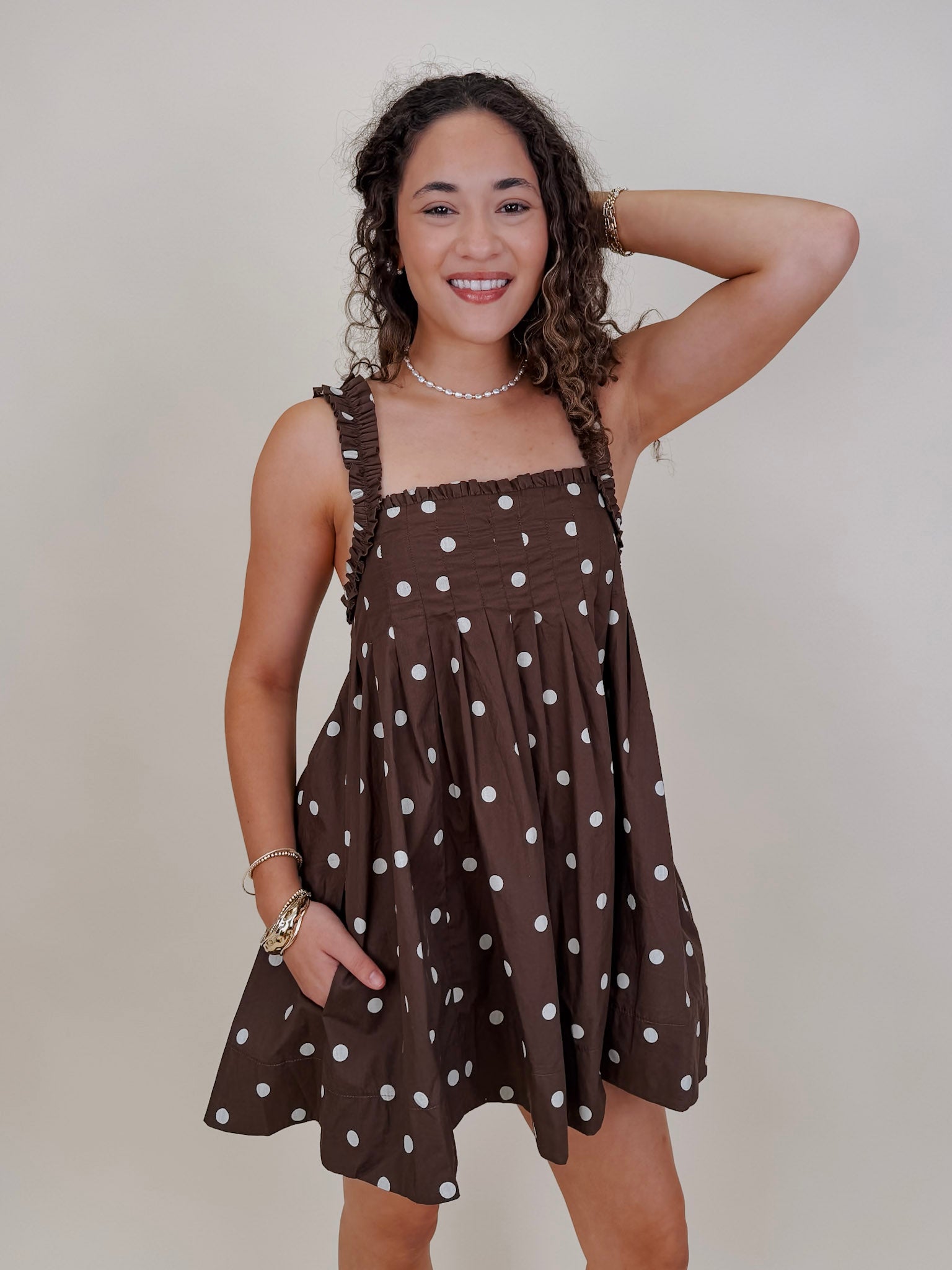 Millie Polka Dot Mini Dress in brown and ivory polka dot cotton with ruffled straps