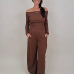 Raise a Hallelujah Set in brown ribbed knit with off shoulder top and wide leg pants