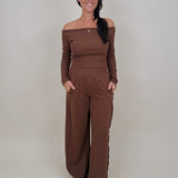 Raise a Hallelujah Set in brown ribbed knit with off shoulder top and wide leg pants