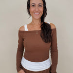 Raise a Hallelujah Set in brown ribbed knit with off shoulder top and wide leg pants