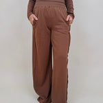 Raise a Hallelujah Set in brown ribbed knit with off shoulder top and wide leg pants