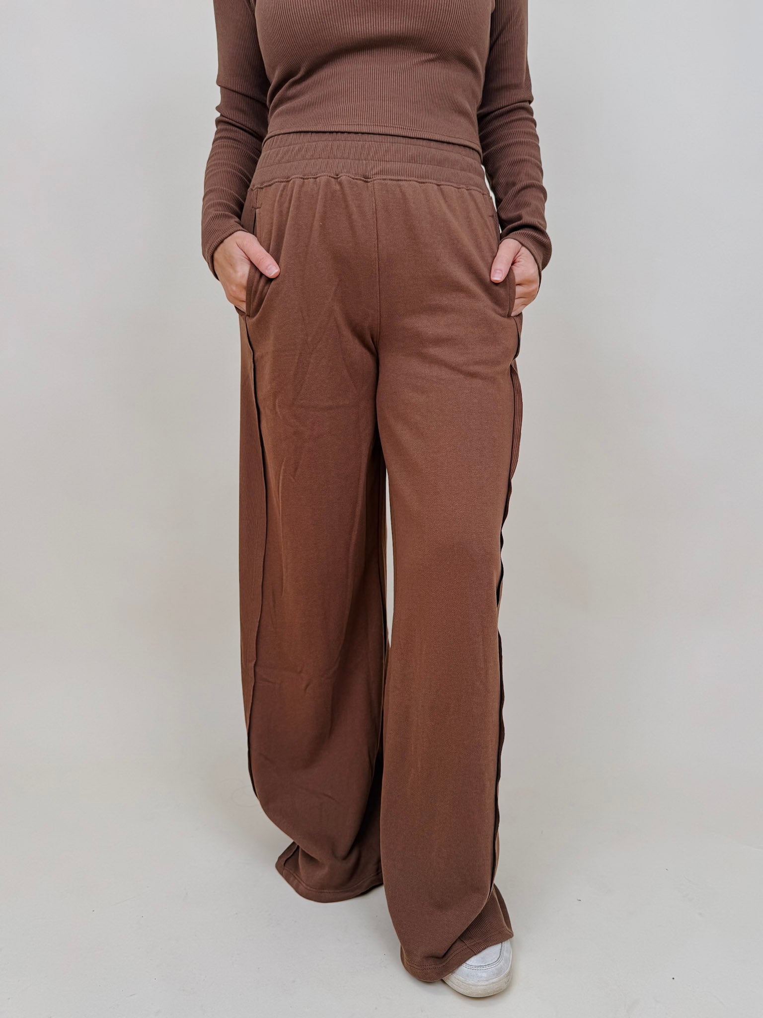 Raise a Hallelujah Set in brown ribbed knit with off shoulder top and wide leg pants