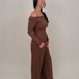 Raise a Hallelujah Set in brown ribbed knit with off shoulder top and wide leg pants