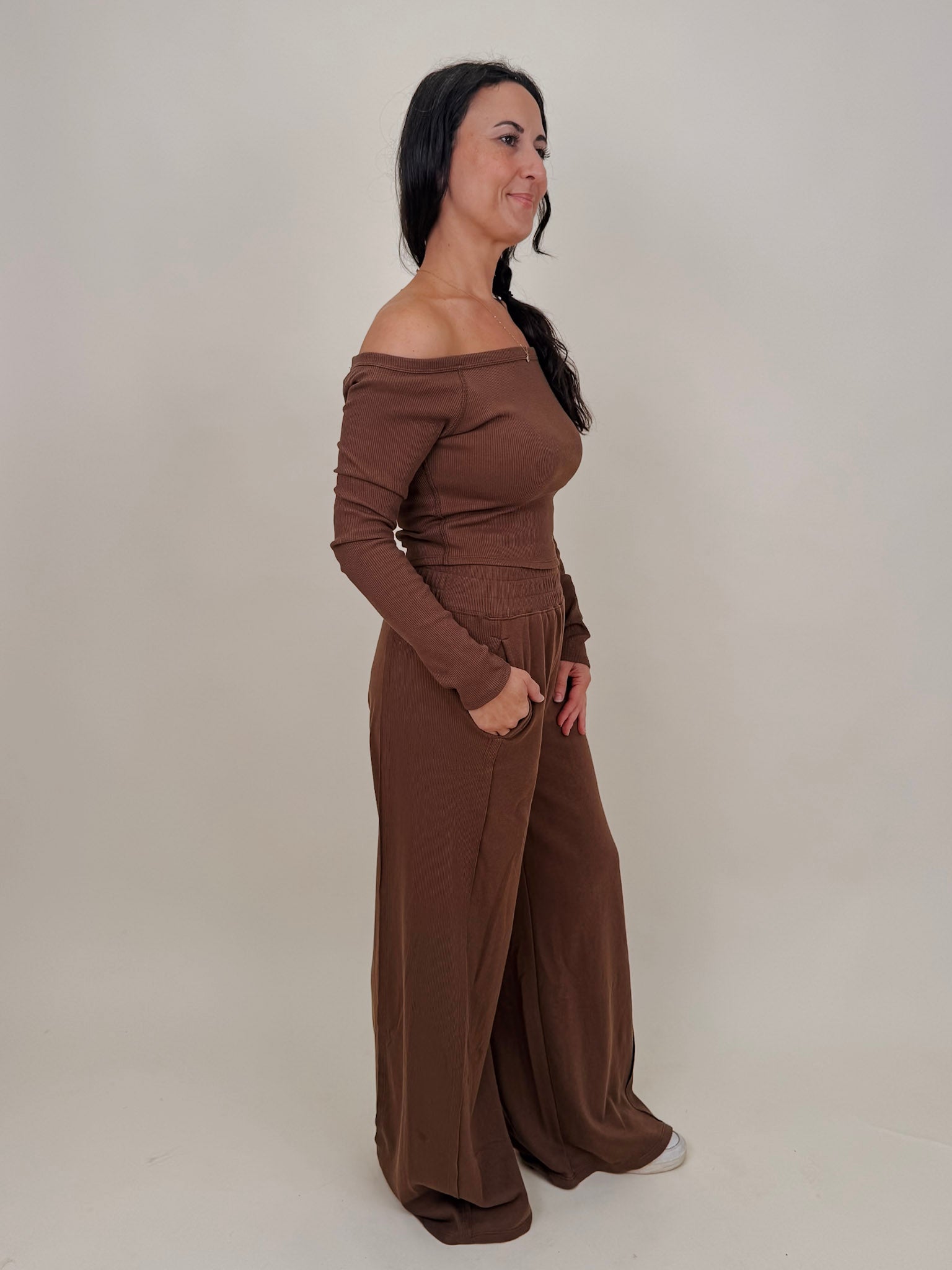 Raise a Hallelujah Set in brown ribbed knit with off shoulder top and wide leg pants