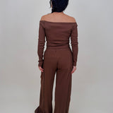 Raise a Hallelujah Set in brown ribbed knit with off shoulder top and wide leg pants