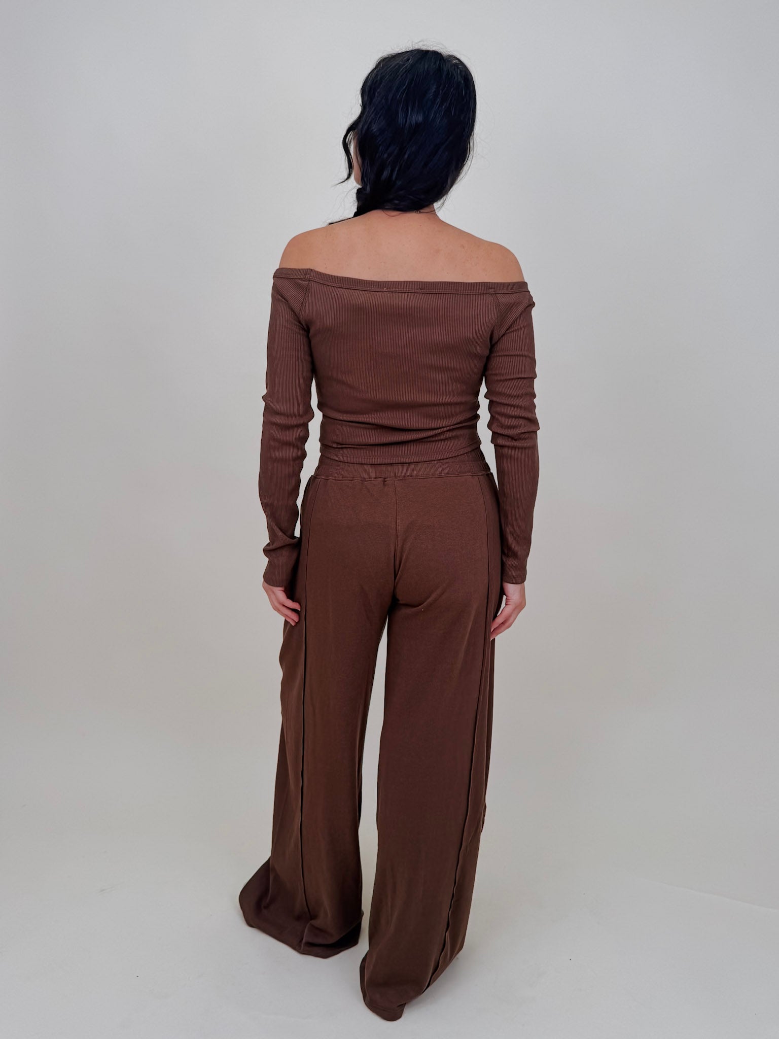 Raise a Hallelujah Set in brown ribbed knit with off shoulder top and wide leg pants