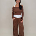 Raise a Hallelujah Set in brown ribbed knit with off shoulder top and wide leg pants