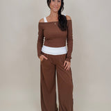 Raise a Hallelujah Set in brown ribbed knit with off shoulder top and wide leg pants