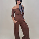 Raise a Hallelujah Set in brown ribbed knit with off shoulder top and wide leg pants