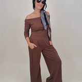Raise a Hallelujah Set in brown ribbed knit with off shoulder top and wide leg pants