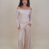 Raise a Hallelujah Set in brown ribbed knit with off shoulder top and wide leg pants