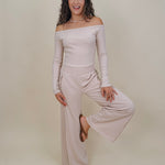 Raise a Hallelujah Set in brown ribbed knit with off shoulder top and wide leg pants