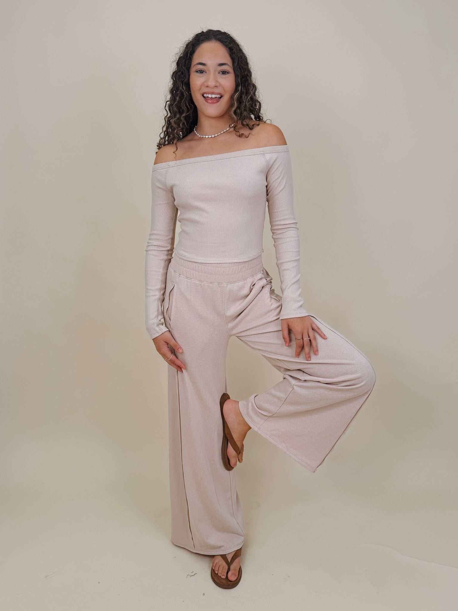 Raise a Hallelujah Set in brown ribbed knit with off shoulder top and wide leg pants