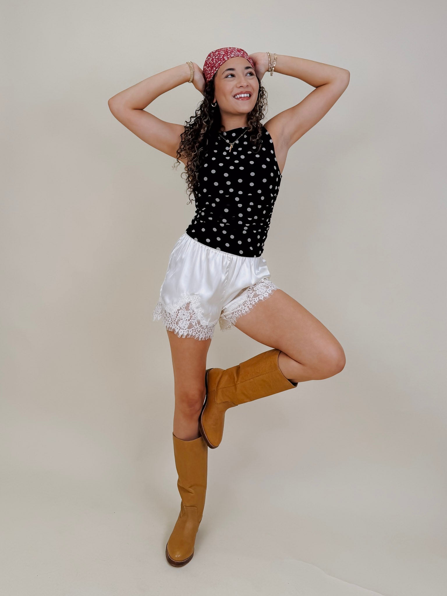 Tami Polka Dot Tee in black and white mesh with ruched high neck silhouette