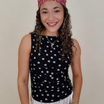 Tami Polka Dot Tee in black and white mesh with ruched high neck silhouette