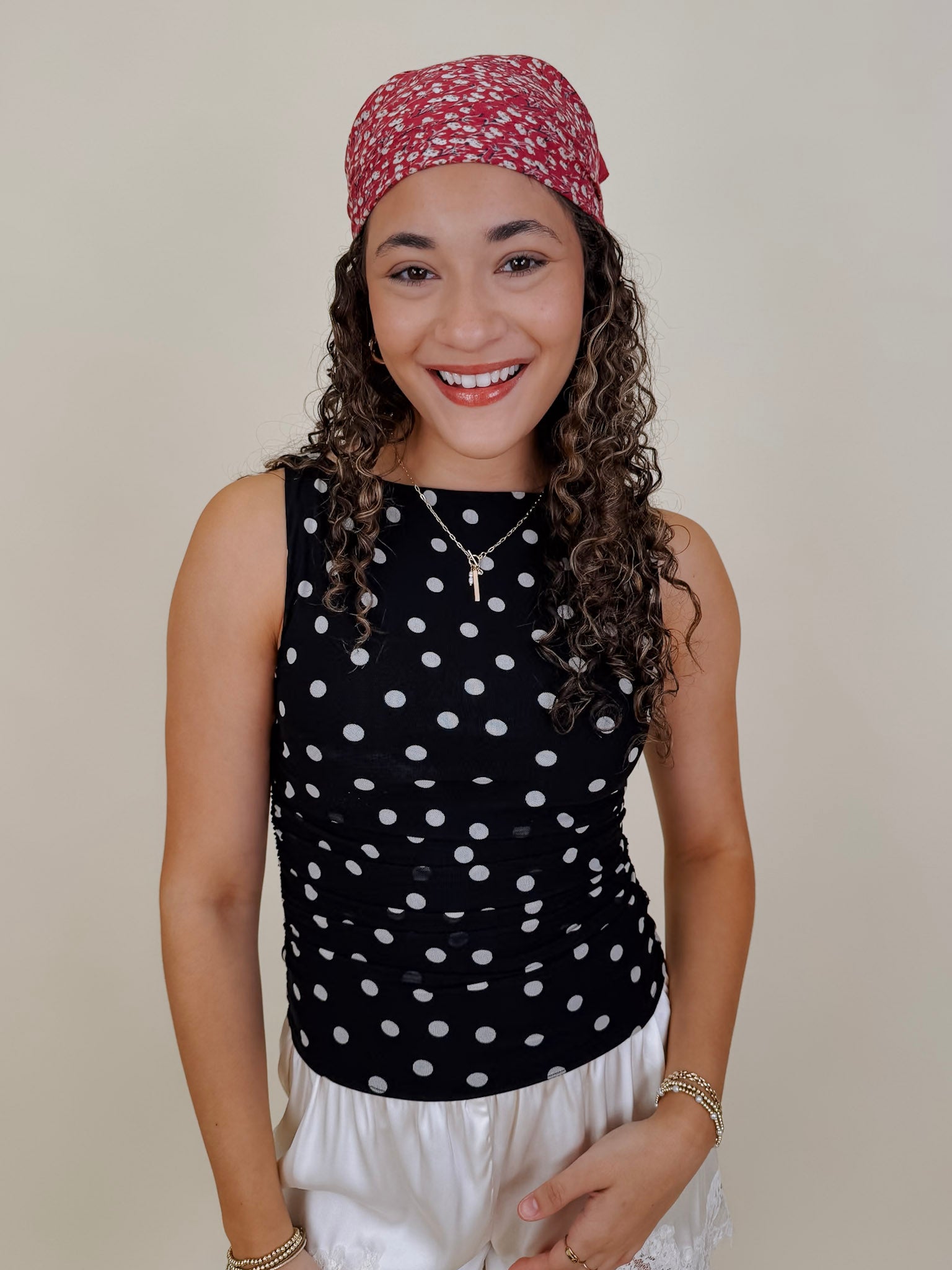 Tami Polka Dot Tee in black and white mesh with ruched high neck silhouette