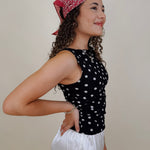 Tami Polka Dot Tee in black and white mesh with ruched high neck silhouette