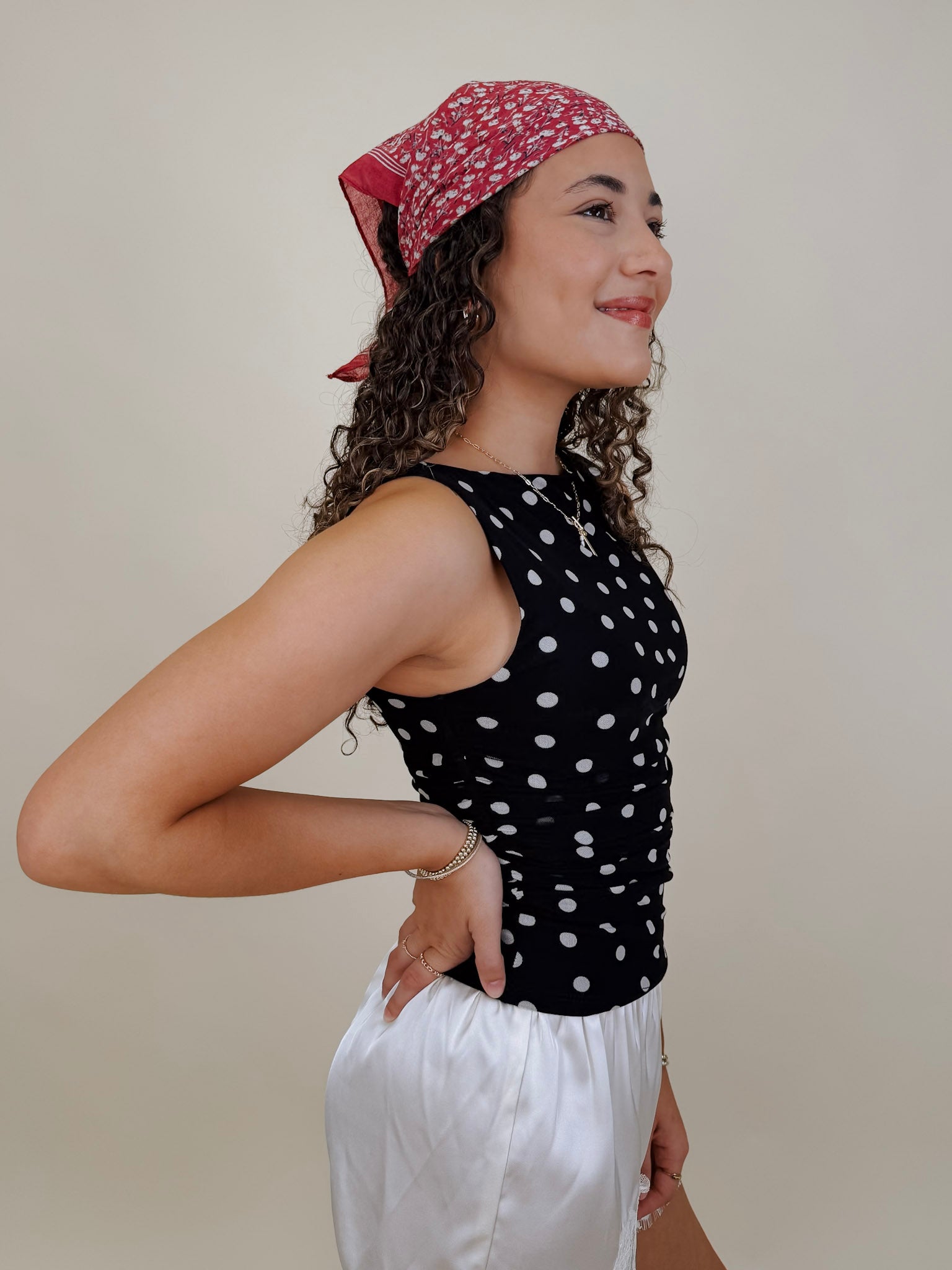 Tami Polka Dot Tee in black and white mesh with ruched high neck silhouette