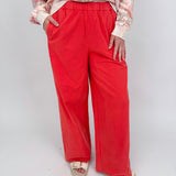 Summer Day Pant in bold red cotton with elastic waistband, side pockets, and wide leg silhouette