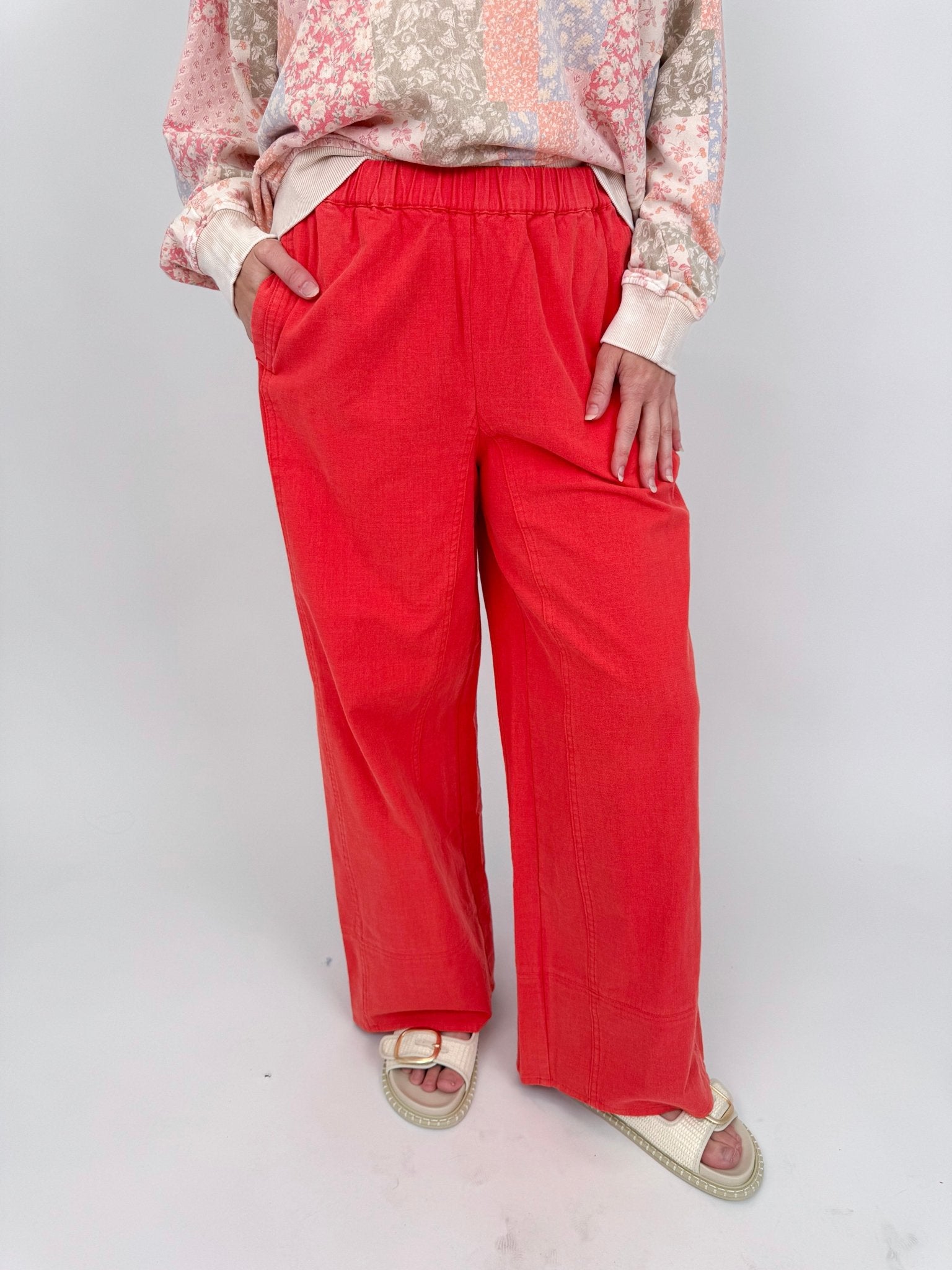 Summer Day Pant in bold red cotton with elastic waistband, side pockets, and wide leg silhouette