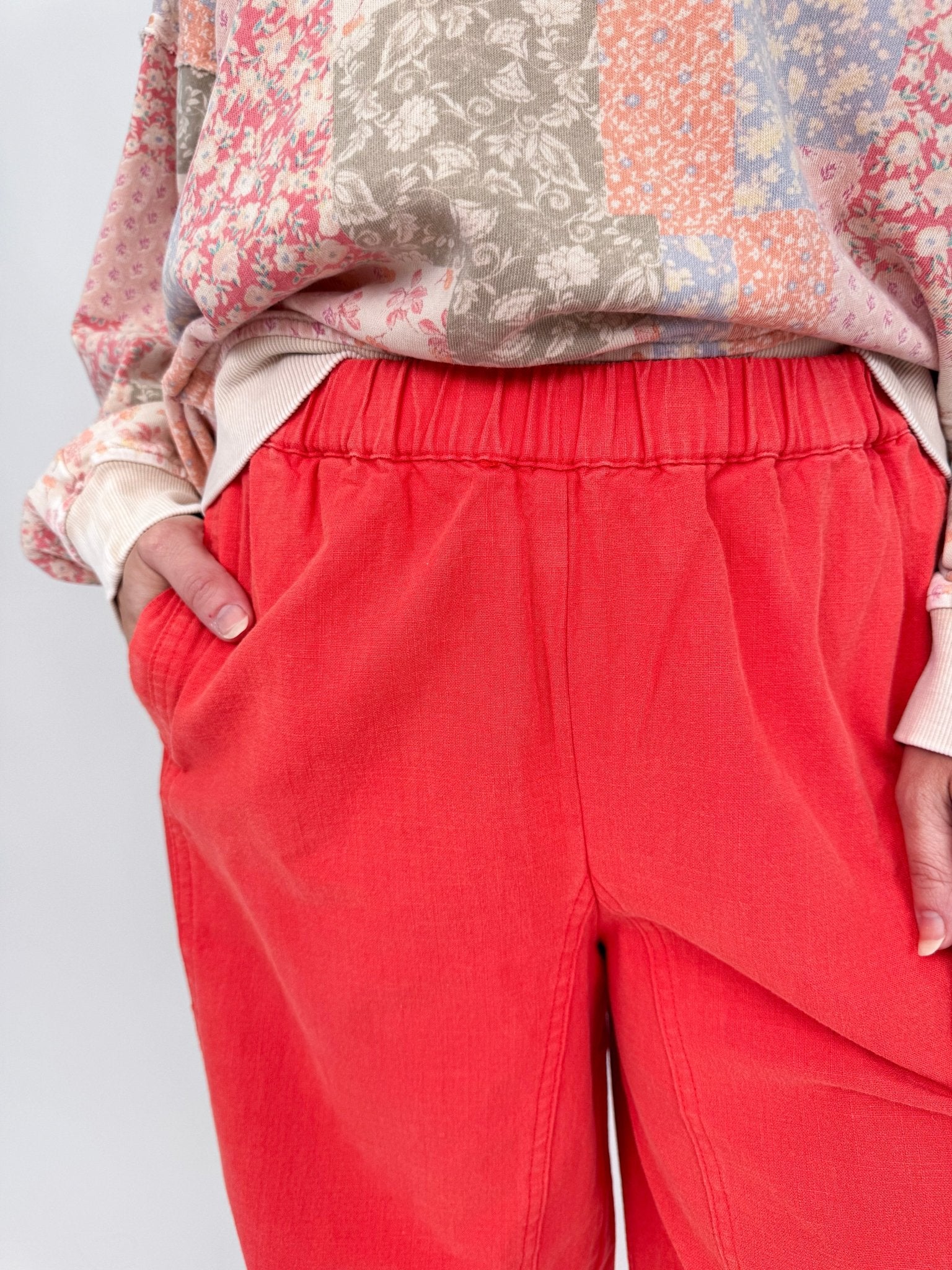 Summer Day Pant in bold red cotton with elastic waistband, side pockets, and wide leg silhouette