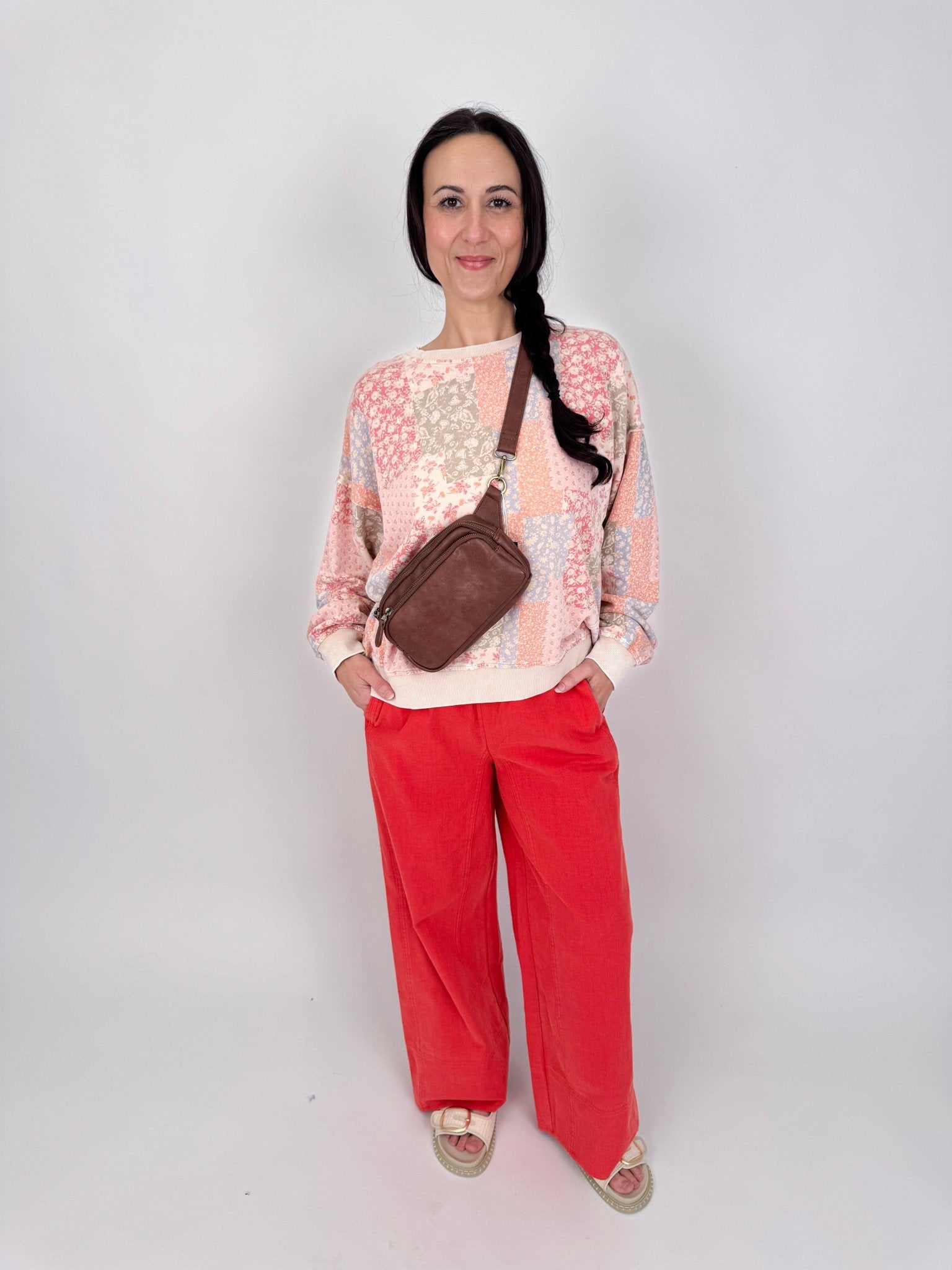 Summer Day Pant in bold red cotton with elastic waistband, side pockets, and wide leg silhouette